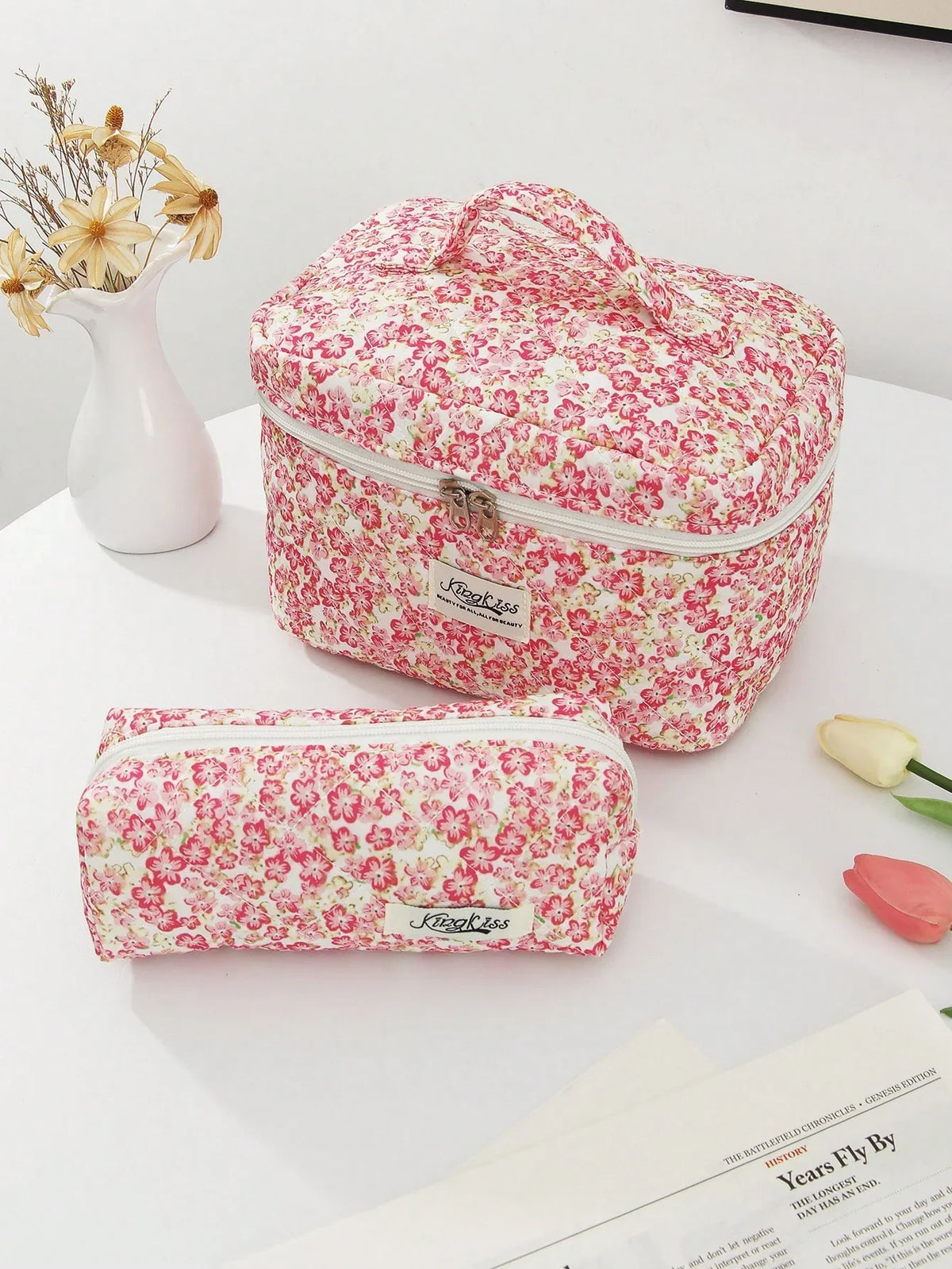 Pink Floral Quilted Makeup Bag