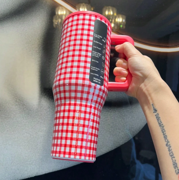 HydroJug 40oz red checkered tumbler side view with handle and straw