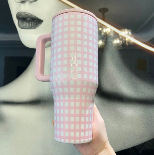 Pink checkered 40oz tumbler rear view