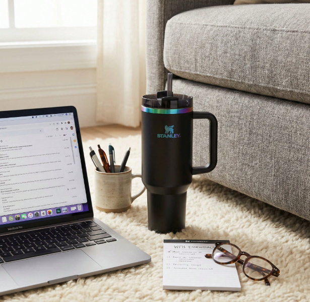 Stanley black rainbow rim tumbler in home lifestyle setting