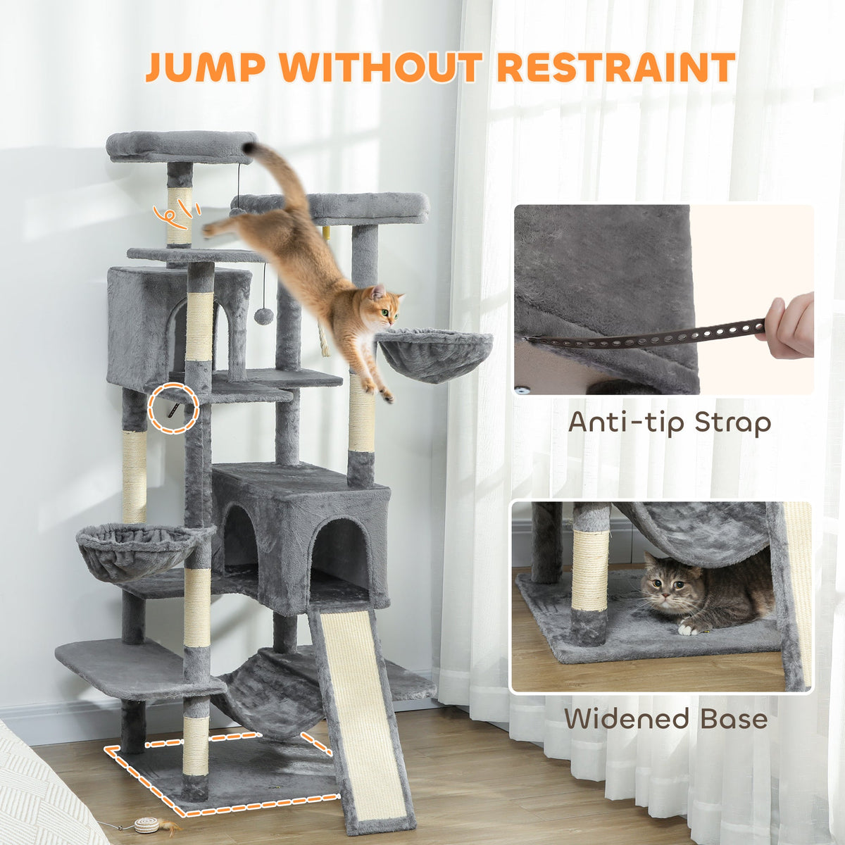 69" Cat Tree, Multi-Level Cat Tower with 2 Condos and 3 Hammocks