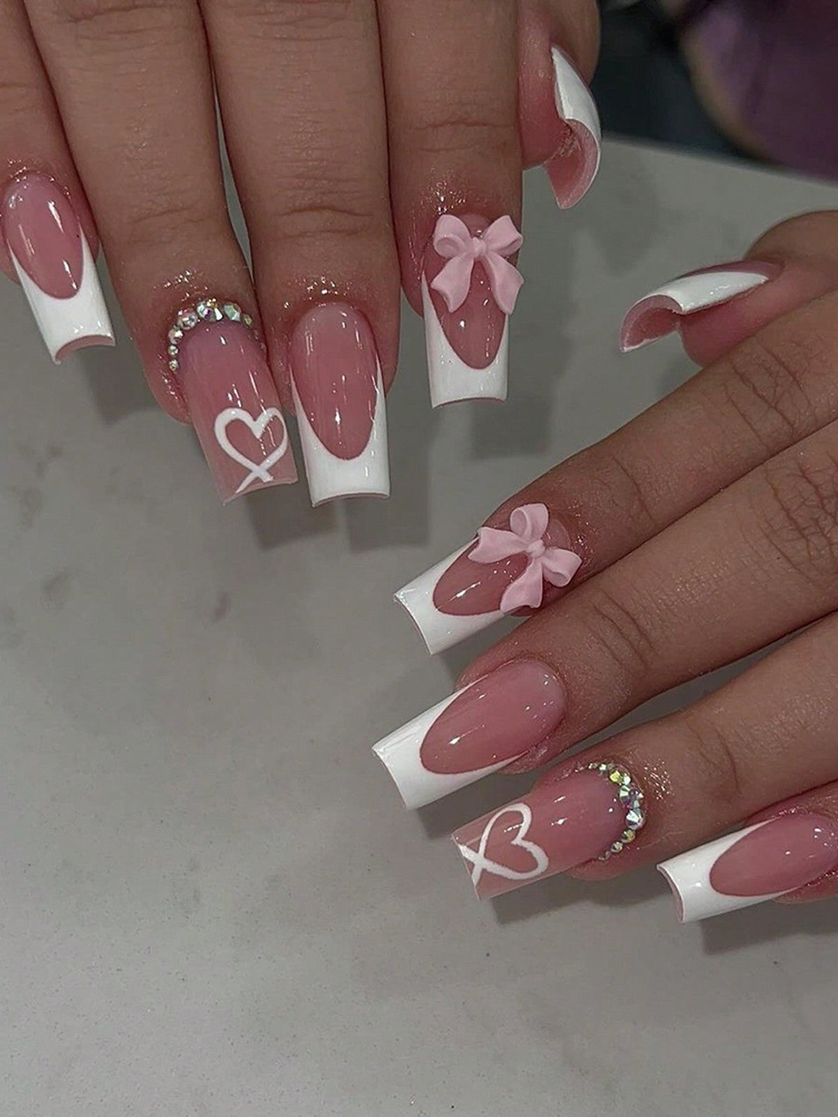 Pink Heart Almond Press Nails