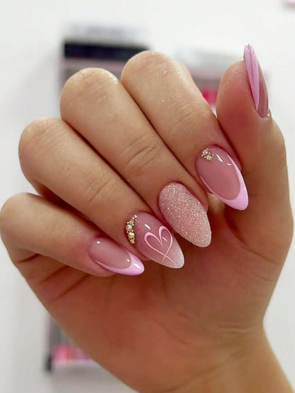 Pink Heart Almond Press Nails