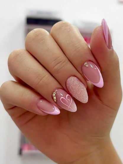 Pink Heart Almond Press Nails
