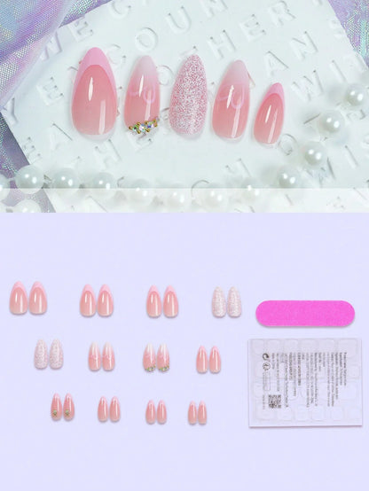 Pink Heart Almond Press Nails
