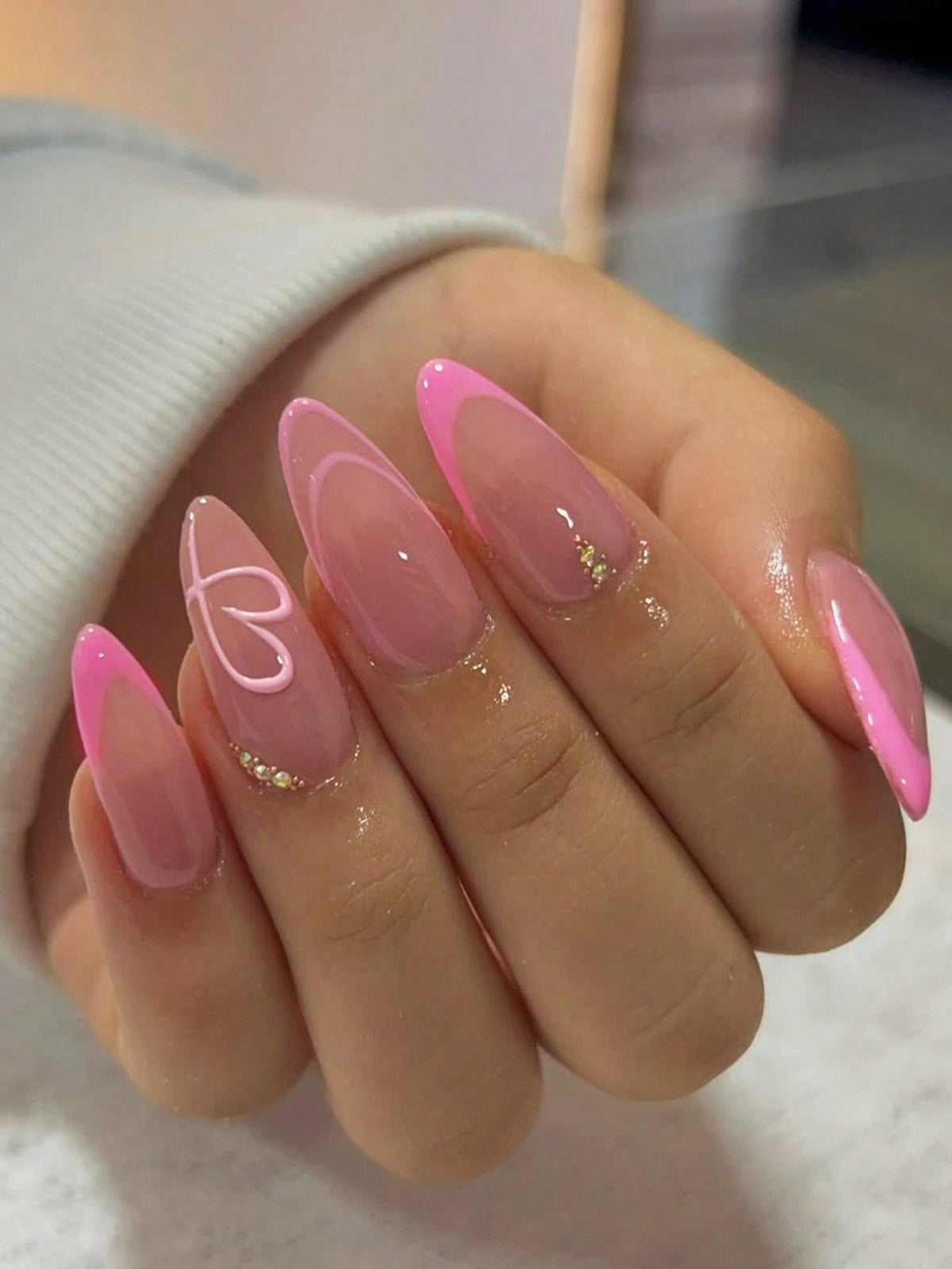 Pink Heart Almond Press Nails