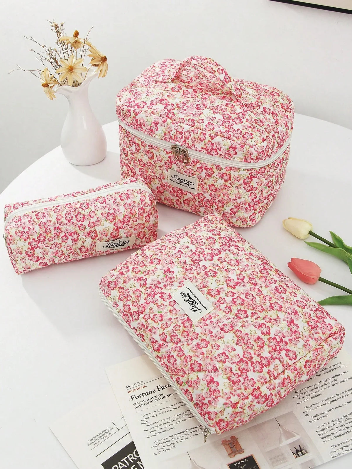 Pink Floral Quilted Makeup Bag