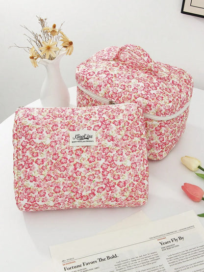 Pink Floral Quilted Makeup Bag
