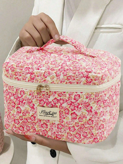 Pink Floral Quilted Makeup Bag