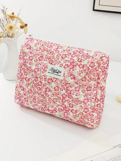 Pink Floral Quilted Makeup Bag