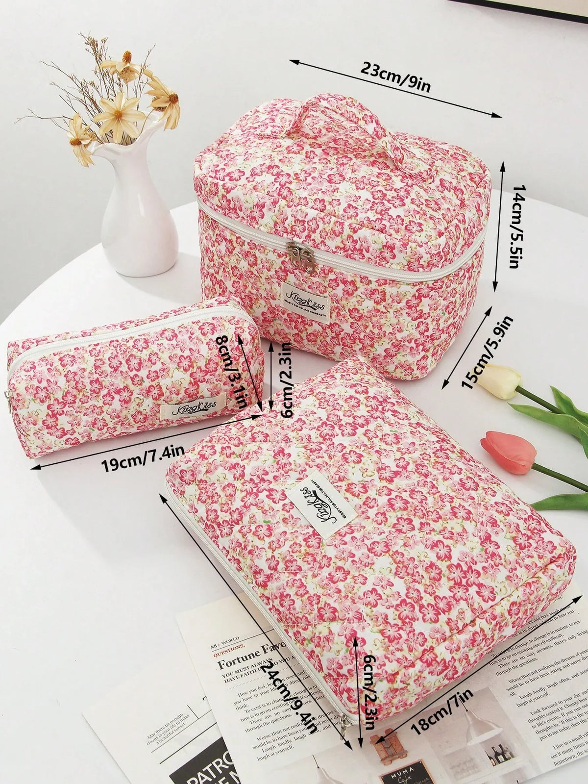 Pink Floral Quilted Makeup Bag