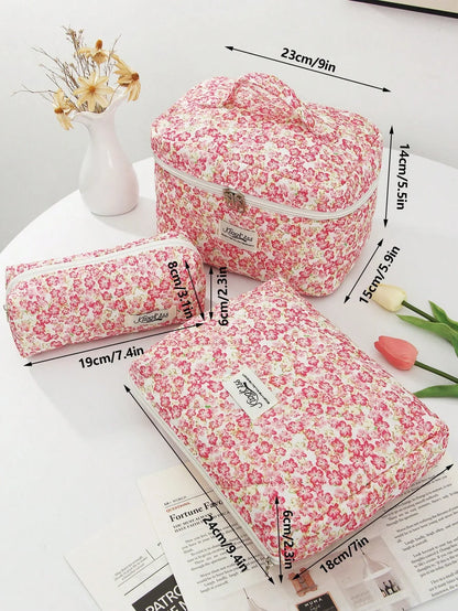 Pink Floral Quilted Makeup Bag