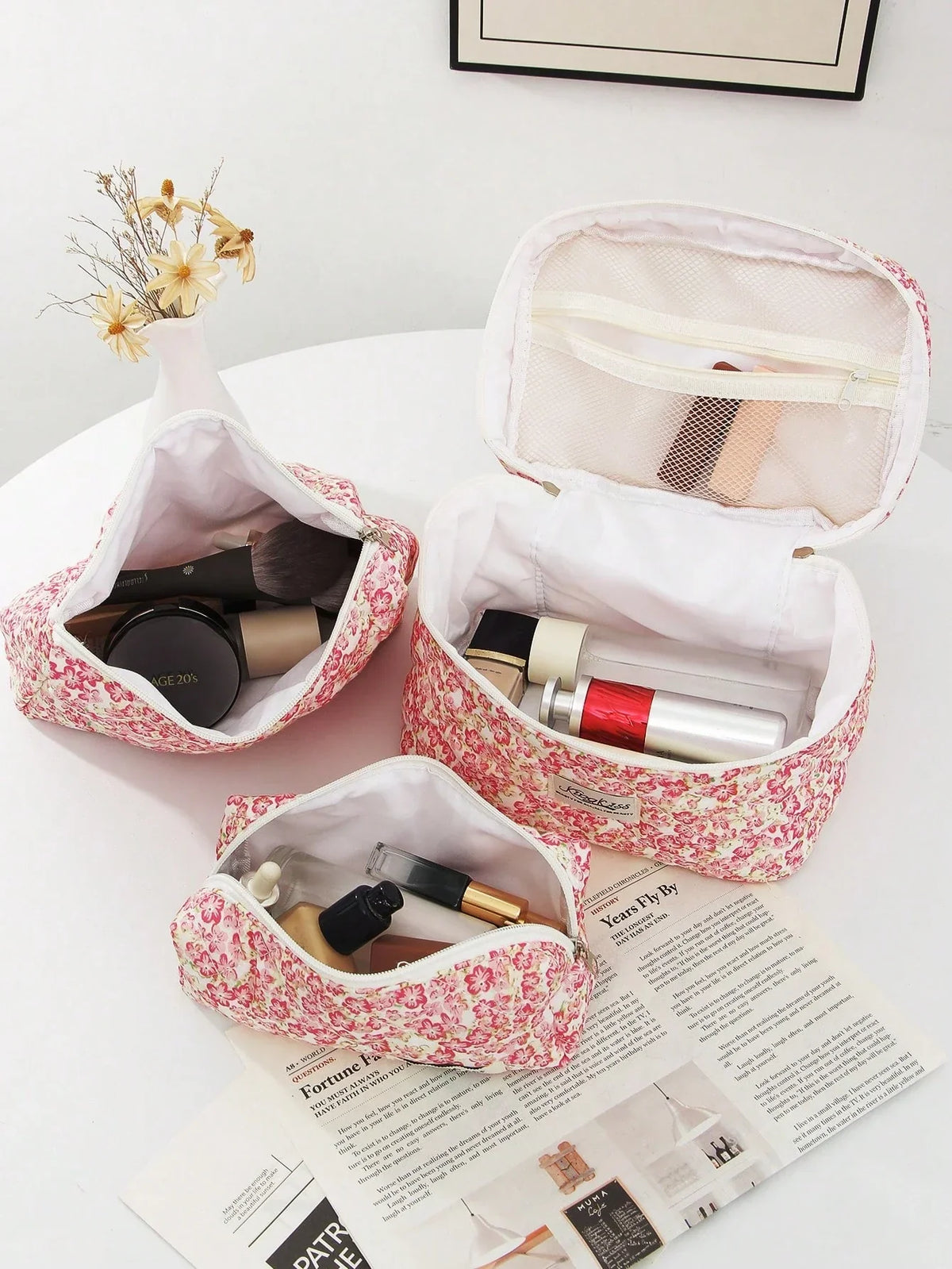 Pink Floral Quilted Makeup Bag