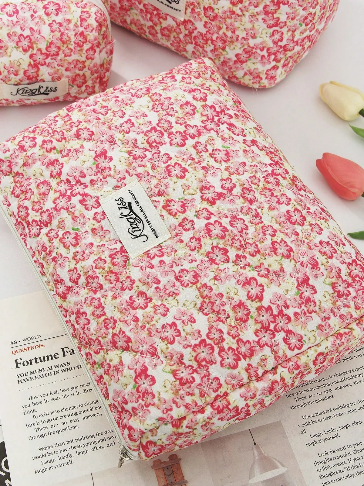 Pink Floral Quilted Makeup Bag