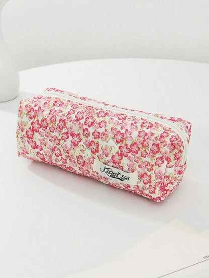 Pink Floral Quilted Makeup Bag