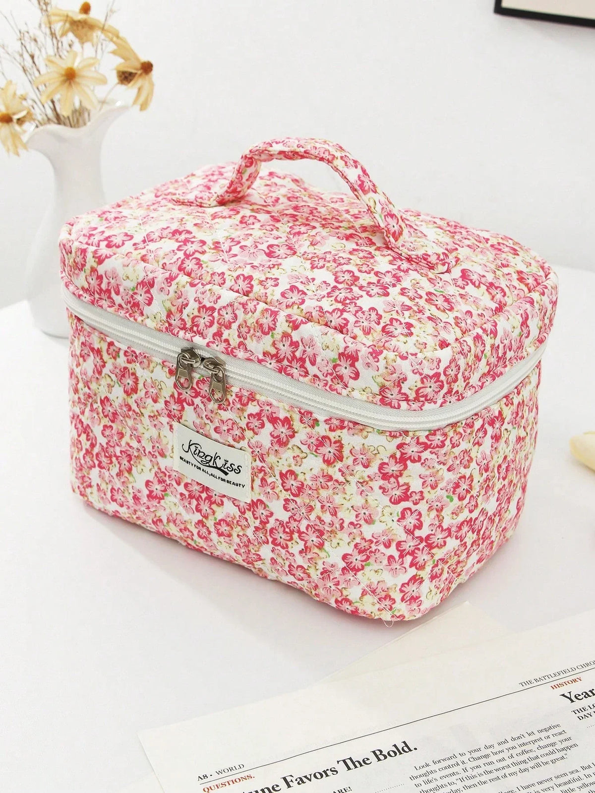 Pink Floral Quilted Makeup Bag
