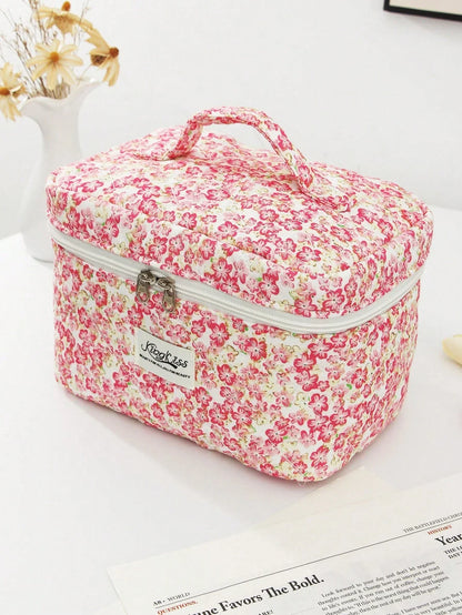 Pink Floral Quilted Makeup Bag