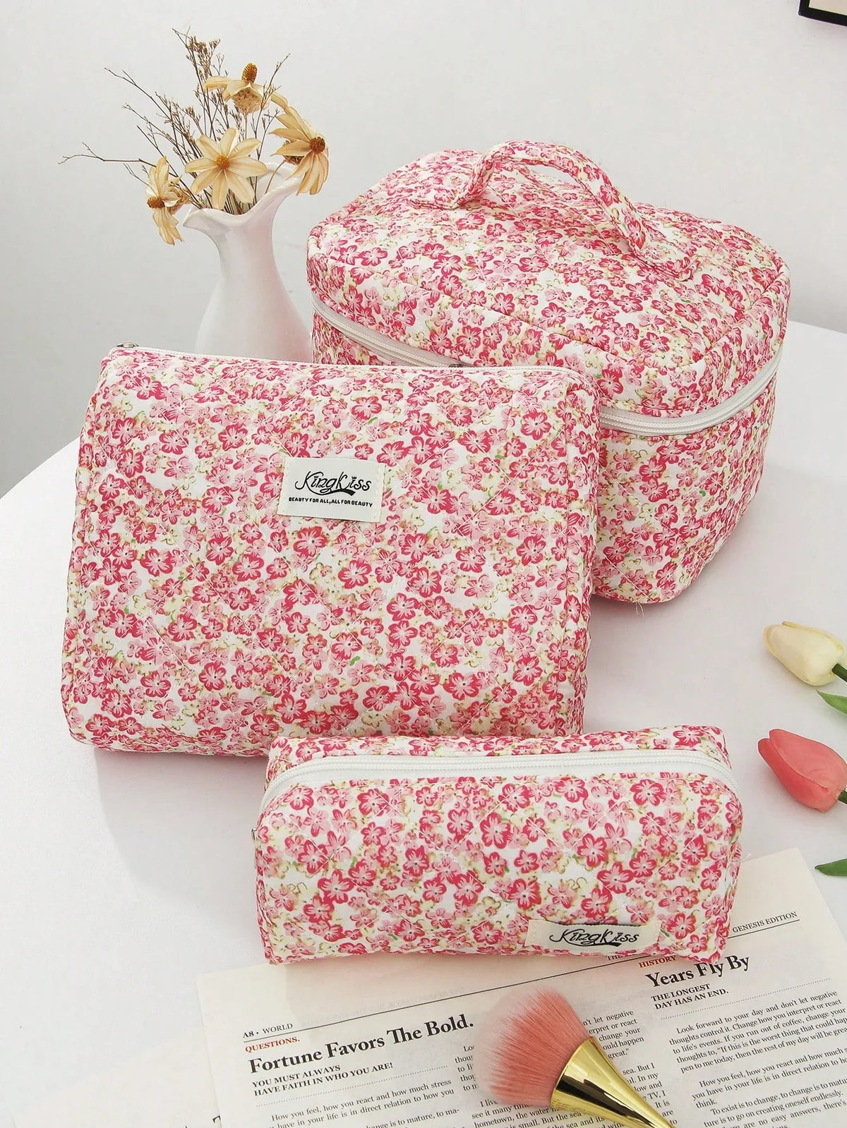 Pink Floral Quilted Makeup Bag
