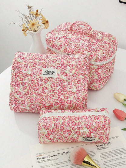 Pink Floral Quilted Makeup Bag