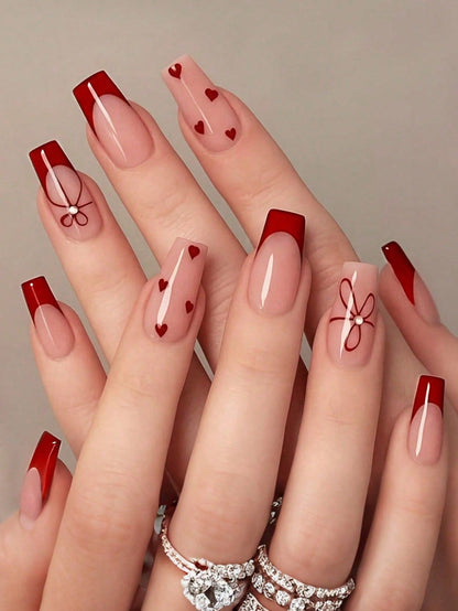 Pink Heart Almond Press Nails