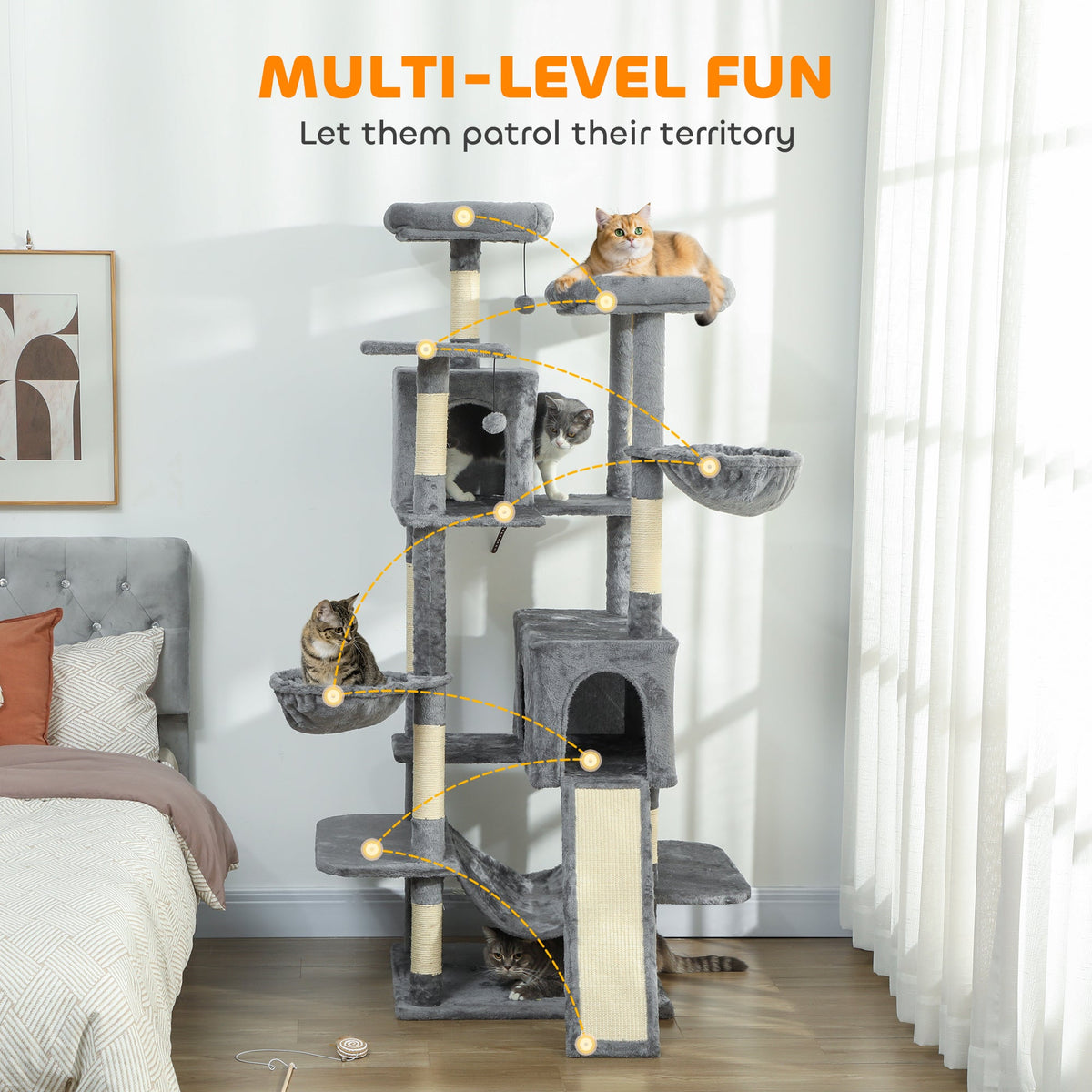69" Cat Tree, Multi-Level Cat Tower with 2 Condos and 3 Hammocks