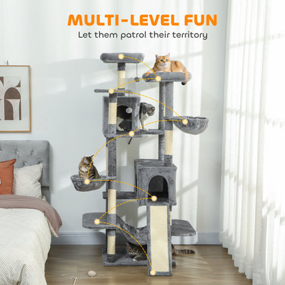 69" Cat Tree, Multi-Level Cat Tower with 2 Condos and 3 Hammocks