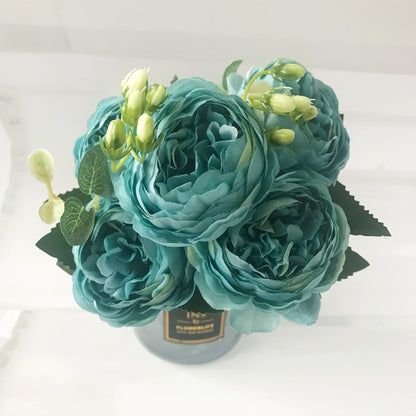 30cm Rose Pink Silk Peony Artificial Flowers Bouquet 5 Big Head and 4 Bud Cheap Fake Flowers for Home Wedding Decoration indoor