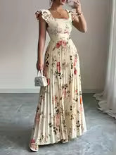 Elegant beige floral pleated midi dress with square neckline and ruffles, fitted waisted party evening dress with elastic