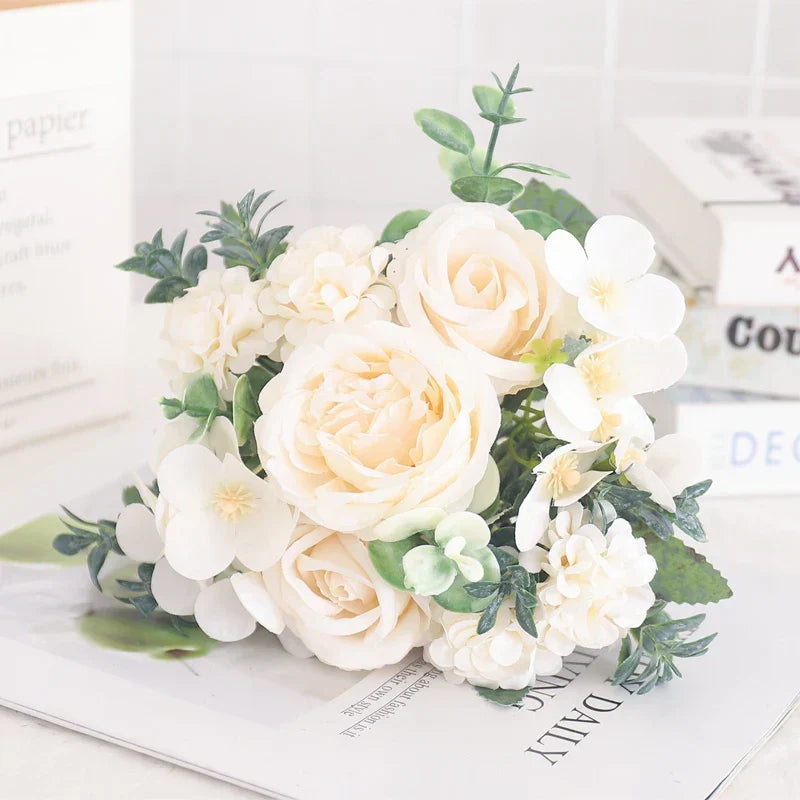 Artificial Flowers Silk Peony Hydrangea For Living Room Home Decoration Wedding Bride Bouquet Rose Fake Plants Table Accessories
