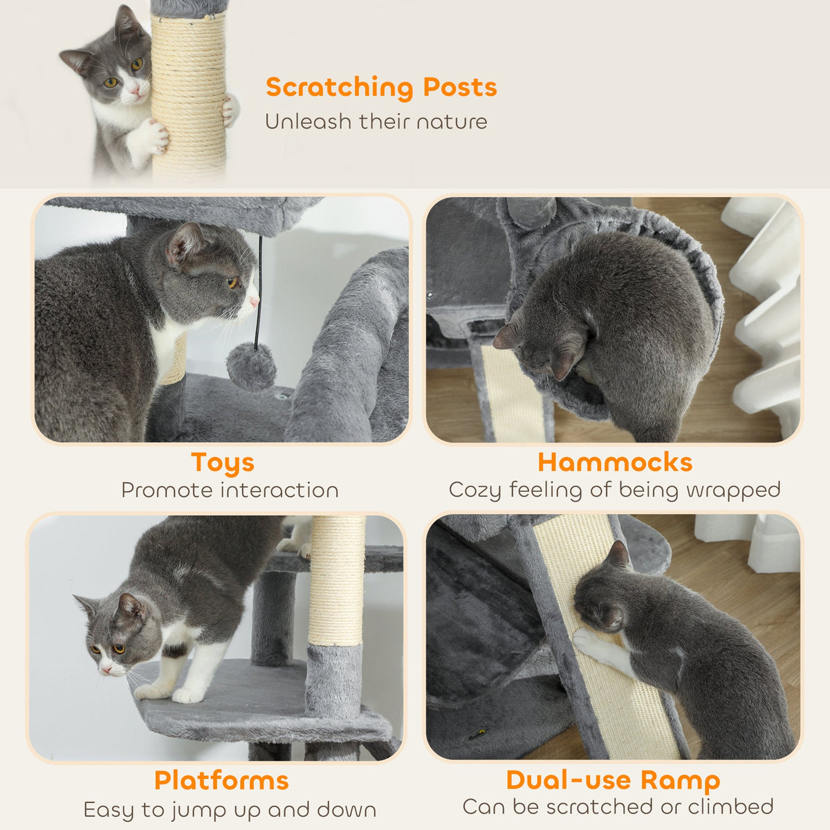 69" Cat Tree, Multi-Level Cat Tower with 2 Condos and 3 Hammocks