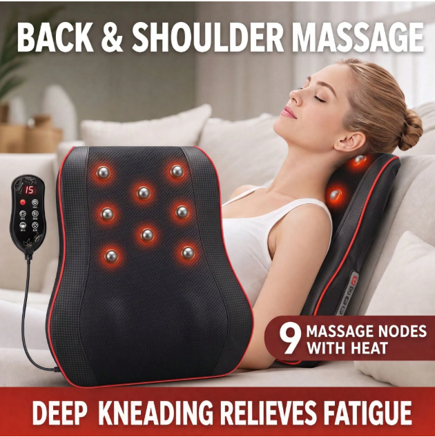 Heated back and shoulder massager with deep kneading nodes
