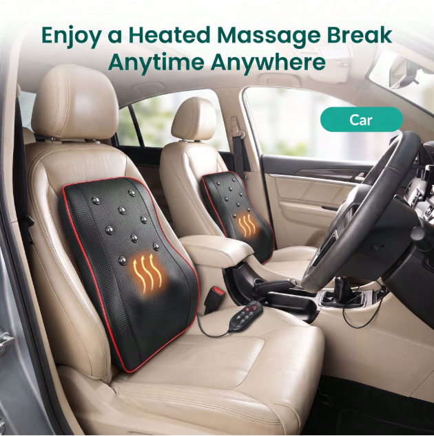 Heated massage cushion in a car seat