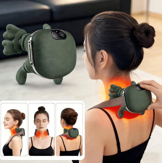 Green bionic finger neck and shoulder massager in use