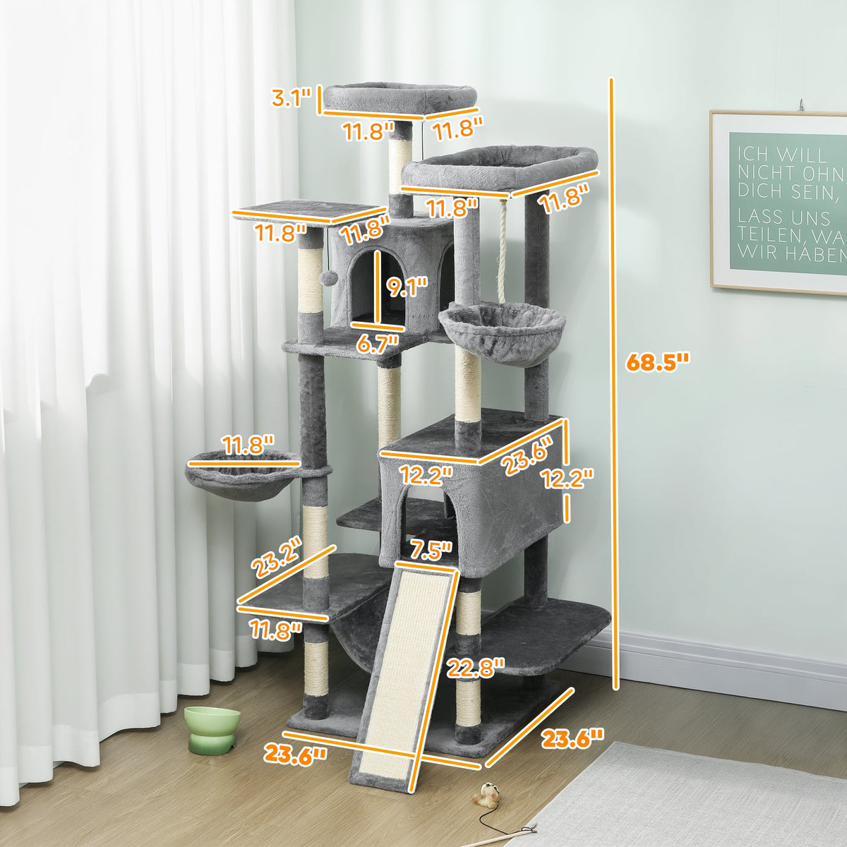 69" Cat Tree, Multi-Level Cat Tower with 2 Condos and 3 Hammocks