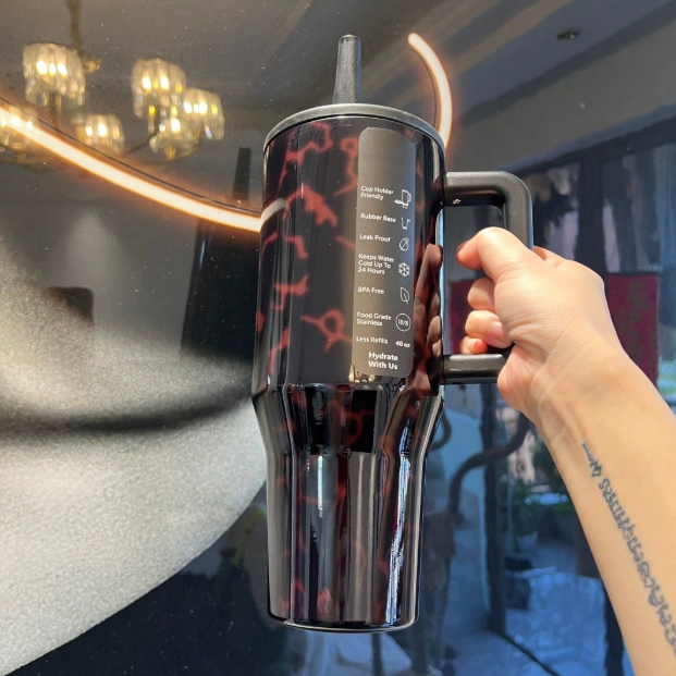 HydroJug 40oz black marble insulated tumbler with handle and straw lid