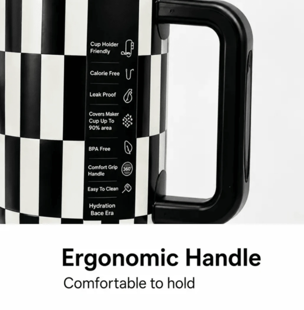 Close-up of checkerboard tumbler ergonomic handle