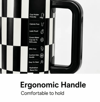 Close-up of checkerboard tumbler ergonomic handle