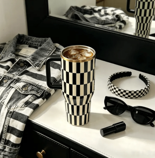 Black and white checkerboard 40oz insulated tumbler with handle