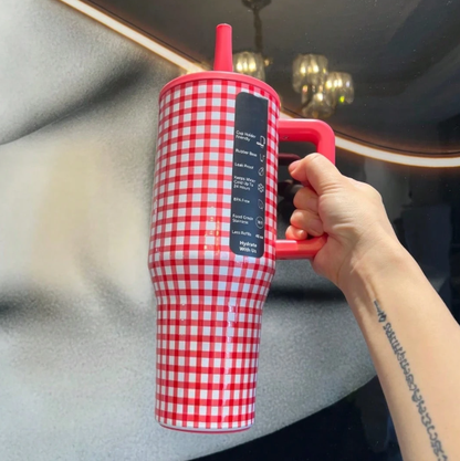 HydroJug 40oz red checkered insulated tumbler with handle and straw
