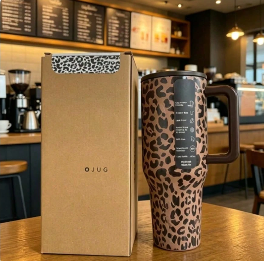 Leopard print HydroJug Traveler tumbler with handle and lid