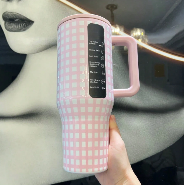 Pink checkered 40oz insulated tumbler with handle