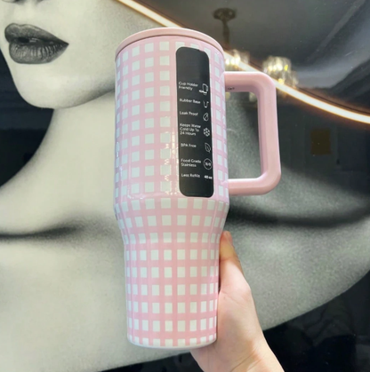 Pink checkered 40oz insulated tumbler with handle