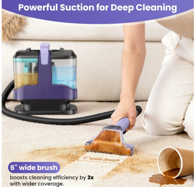 INSE portable carpet cleaner with powerful suction and wide cleaning brush