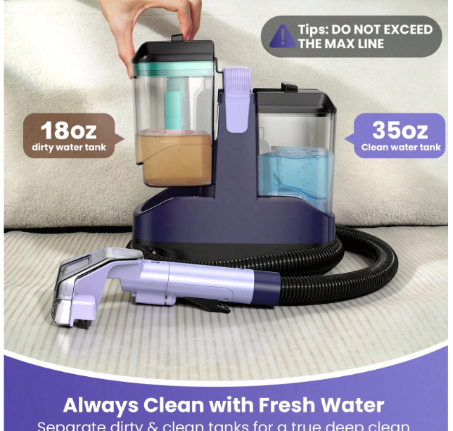 INSE portable carpet cleaner with separate clean and dirty water tanks