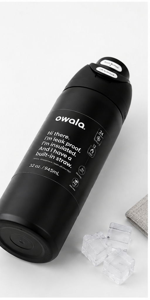 Owala black insulated water bottle angled product photo