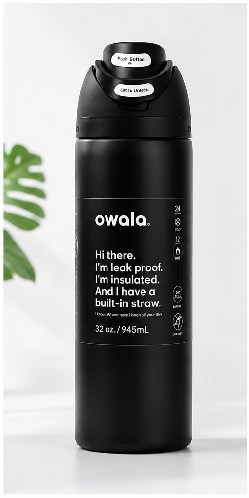 Owala black insulated water bottle front studio product photo