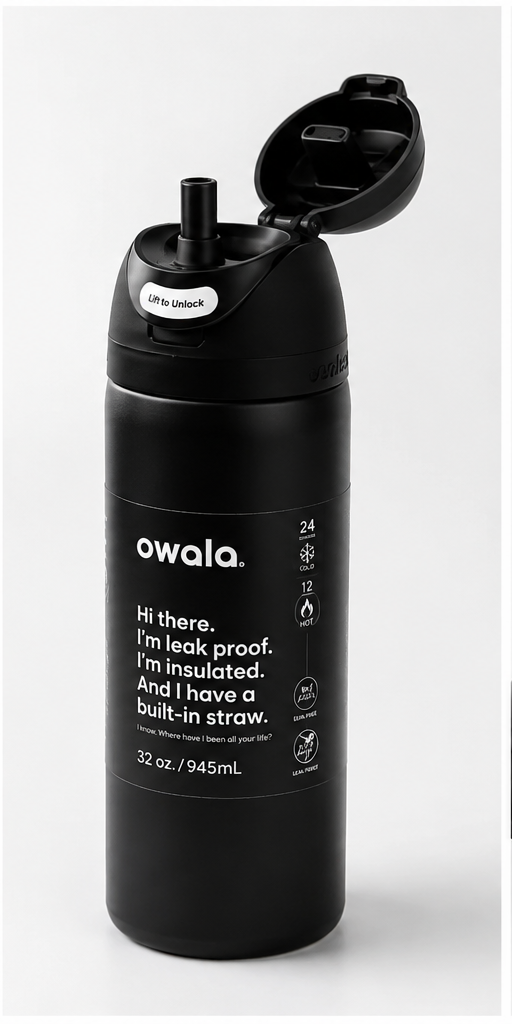 Owala black insulated water bottle open flip top and straw product photo
