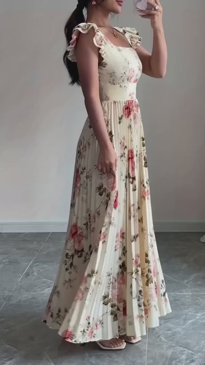 Elegant beige floral pleated midi dress with square neckline and ruffles, fitted waisted party evening dress with elastic