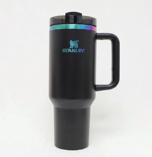 Stanley 40oz black tumbler with rainbow rim and handle