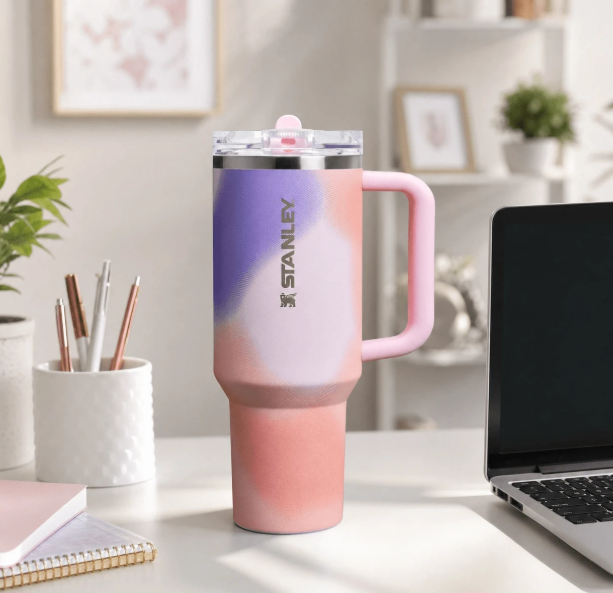 Stanley 40oz pink purple gradient tumbler with handle and straw
